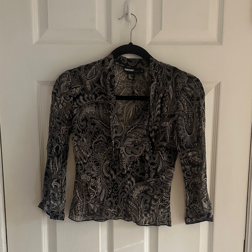 DKNY Black and Gray Paisley Silk Blouse